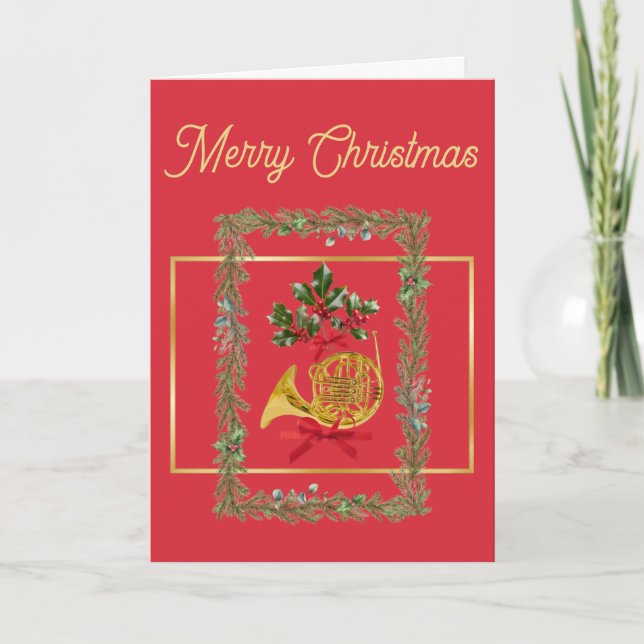 Tarjeta Festiva Elegant French Horn Christmas Red (Anverso)