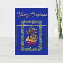 Tarjeta Festiva Elegant French Horn Christmas Royal Blue