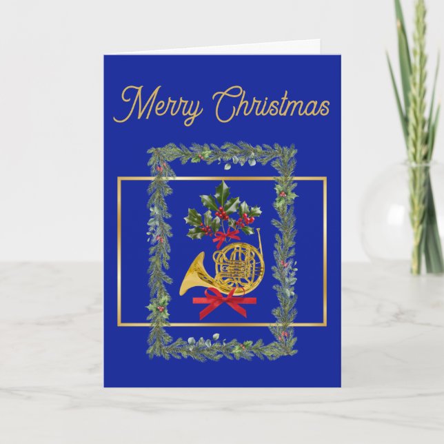Tarjeta Festiva Elegant French Horn Christmas Royal Blue (Anverso)