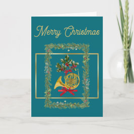 Tarjeta Festiva Elegant French Horn Christmas Teal
