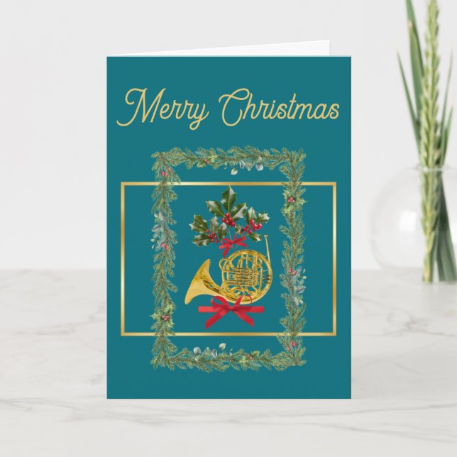 Tarjeta Festiva Elegant French Horn Christmas Teal (Anverso)