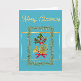 Tarjeta Festiva Elegant French Horn Christmas Turquoise
