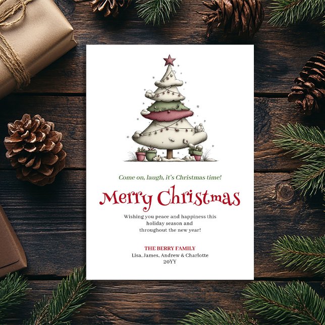 Tarjeta Festiva Elegant Funny Christmas Tree Hand Drawn Design (Elegant Funny Christmas Tree Hand Drawn Design Holiday Card)