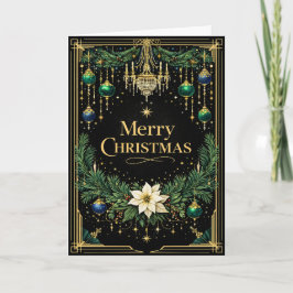 Tarjeta Festiva Elegant Gold Art Deco Chandelier Christmas 