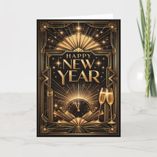Tarjeta Festiva Elegant Gold Art Deco Happy New Year (Anverso)