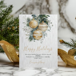 Tarjeta Festiva Elegant Gold Baubles Greenery Corporate Christmas