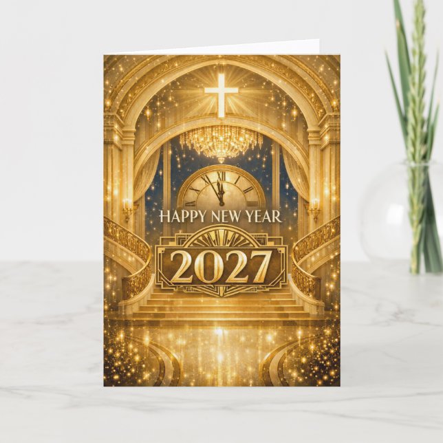 Tarjeta Festiva Elegant Gold Christian Happy New Year 2027 (Anverso)