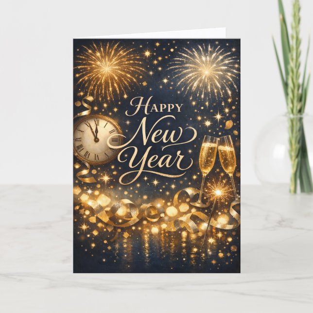 Tarjeta Festiva Elegant Gold Fireworks Midnight Happy New Year (Anverso)