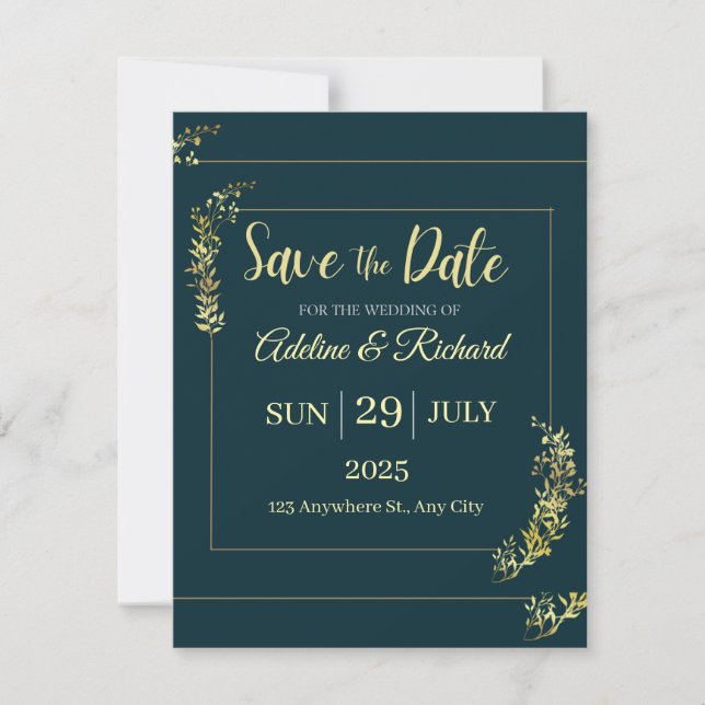 Tarjeta Festiva Elegant Gold Floral Save The Date Card  (Anverso)