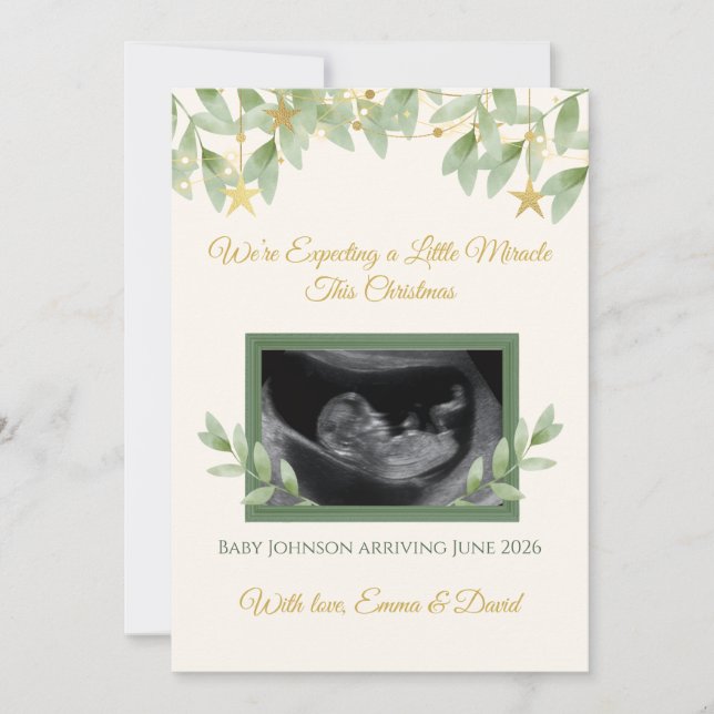 Tarjeta Festiva Elegant Gold Greenery Christmas Baby Announcement  (Anverso)