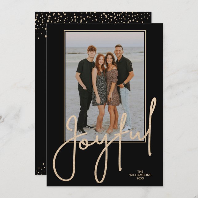 Tarjeta Festiva Elegant Gold JOYFUL Script Black Photo Christmas (Anverso / Reverso)