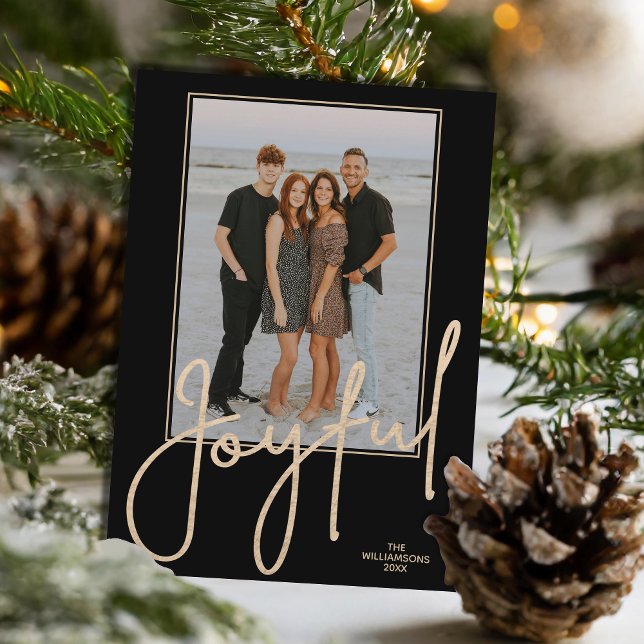 Tarjeta Festiva Elegant Gold JOYFUL Script Black Photo Christmas (Elegant Gold JOYFUL Script on black photo Christmas holiday cards, PRINTED and/or INSTANT DOWNLOAD)