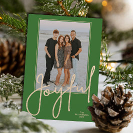 Tarjeta Festiva Elegant Gold JOYFUL Script Green Photo Christmas