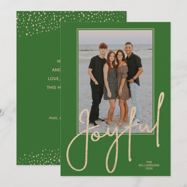 Tarjeta Festiva Elegant Gold JOYFUL Script Green Photo Christmas (Anverso / Reverso)