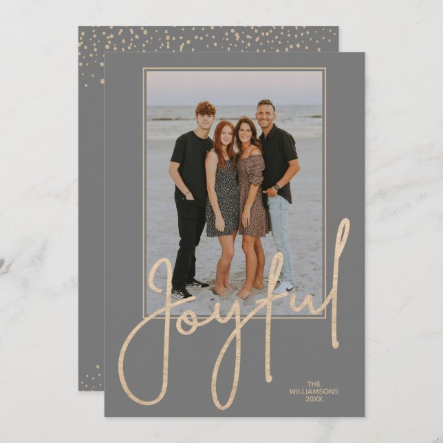 Tarjeta Festiva Elegant Gold JOYFUL Script on Grey Photo Christmas (Anverso / Reverso)