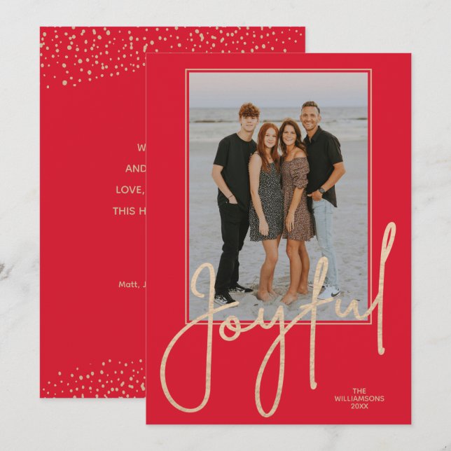 Tarjeta Festiva Elegant Gold JOYFUL Script on Red Photo Christmas (Anverso / Reverso)