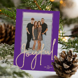 Tarjeta Festiva Elegant Gold JOYFUL Script Purple Photo Christmas