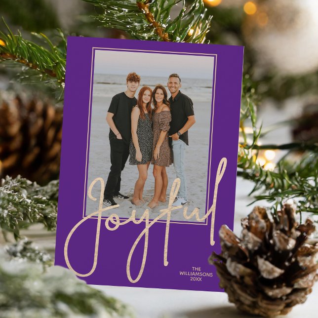 Tarjeta Festiva Elegant Gold JOYFUL Script Purple Photo Christmas (Elegant Gold JOYFUL Script on purple photo Christmas holiday cards, PRINTED and/or INSTANT DOWNLOAD)