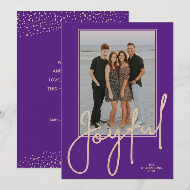 Tarjeta Festiva Elegant Gold JOYFUL Script Purple Photo Christmas (Anverso / Reverso)