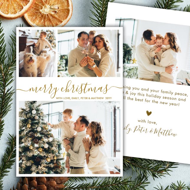 Tarjeta Festiva Elegant Gold Script 3 Photo Collage Christmas (Subido por el creador)