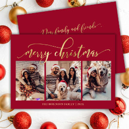 Tarjeta Festiva Elegant Gold Script 3 Photo Collage Red Christmas