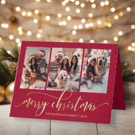 Tarjeta Festiva Elegant Gold Script 3 Photo Collage Red Christmas