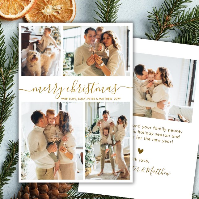 Tarjeta Festiva Elegant Gold Script 4 Photo Collage Christmas (Subido por el creador)