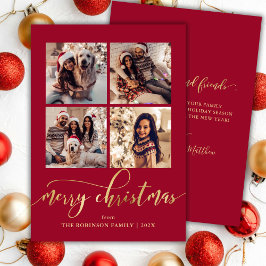 Tarjeta Festiva Elegant Gold Script 4 Photo Collage Red Christmas