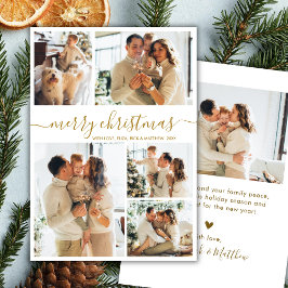 Tarjeta Festiva Elegant Gold Script 5 Photo Collage Christmas