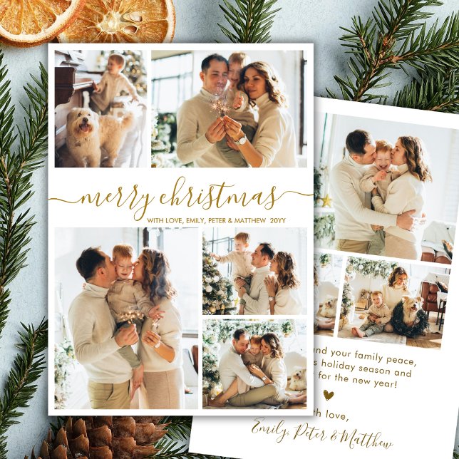 Tarjeta Festiva Elegant Gold Script 8 Photo Collage Christmas  (Subido por el creador)