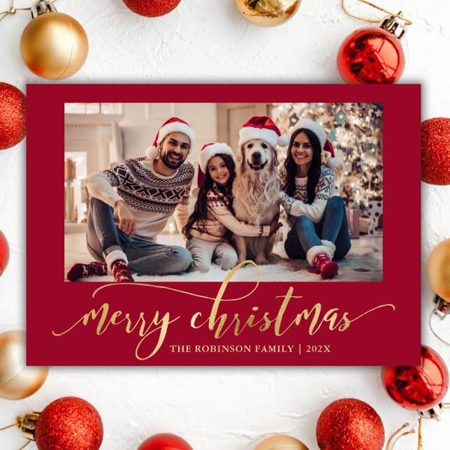 Tarjeta Festiva Elegant Gold Script One Photo Red Christmas  (Subido por el creador)