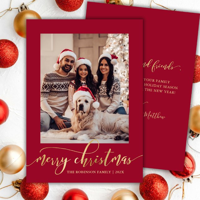 Tarjeta Festiva Elegant Gold Script One Photo Red Christmas  (Subido por el creador)