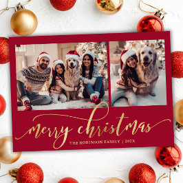 Tarjeta Festiva Elegant Gold Script Red 2 Photo Collage Christmas