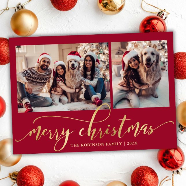 Tarjeta Festiva Elegant Gold Script Red 2 Photo Collage Christmas (Subido por el creador)