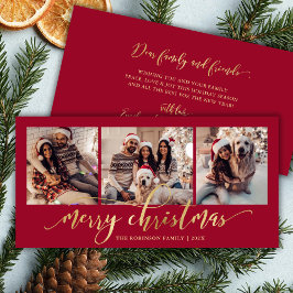 Tarjeta Festiva Elegant Gold Script Red 3 Photo Collage Christmas