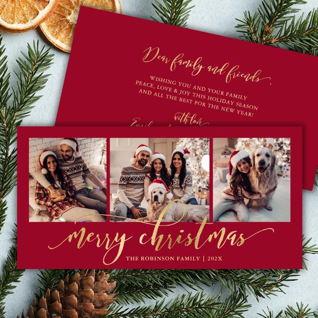 Tarjeta Festiva Elegant Gold Script Red 3 Photo Collage Christmas (Subido por el creador)