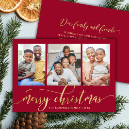 Tarjeta Festiva Elegant Gold Script Red 3 Photo Collage Christmas