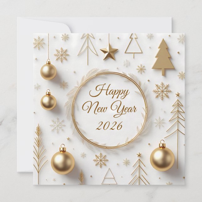 Tarjeta Festiva Elegant Gold & White Modern Happy New Year 2026 (Anverso)