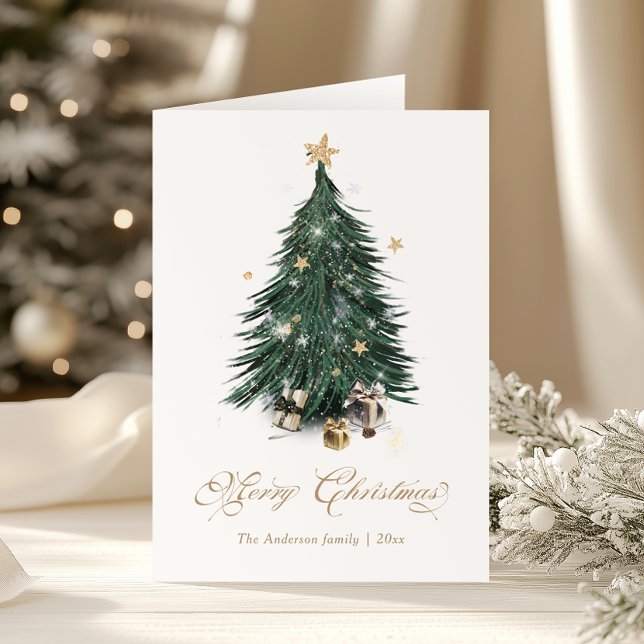 Tarjeta Festiva Elegant Golden Script Christmas tree Holiday Card (Subido por el creador)