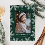 Tarjeta Festiva Elegant Green and White Pine Frame Photo<br><div class="desc">Elegant holiday card featuring your vertical photo framed by white pine boughs with a green background. Personalize the pine branch holiday card with a custom greeting,  the year,  and your family name. The card reverses to display your custom message in white lettering.</div>