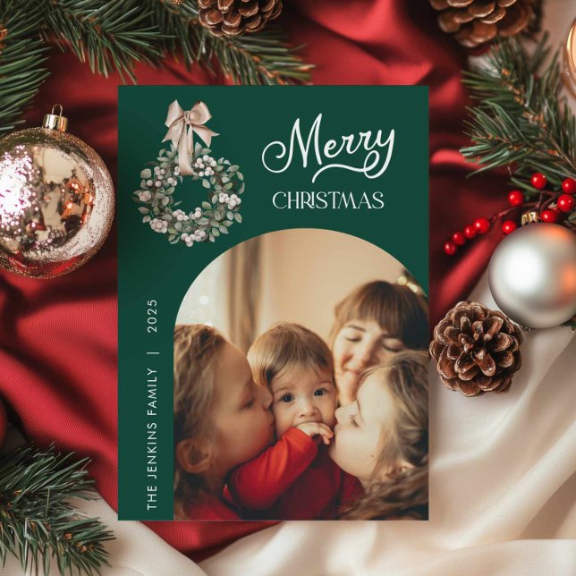 Tarjeta Festiva Elegant Green Christmas Arch Photo Card (Green Merry Christmas Photo Greeting Card)