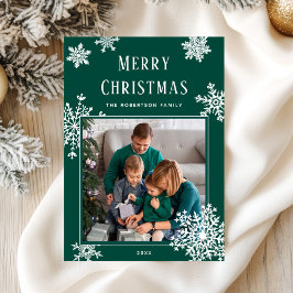 Tarjeta Festiva Elegant Green Christmas Snowflakes Photo