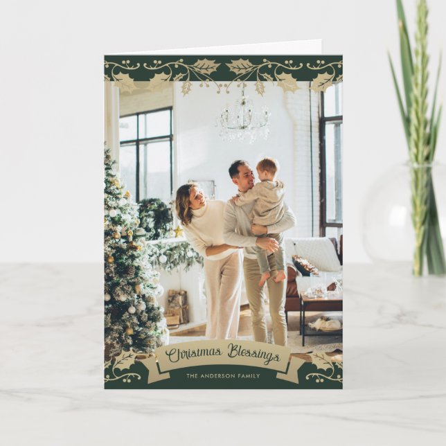 Tarjeta Festiva Elegant Green Gold Christian Photo (Anverso)