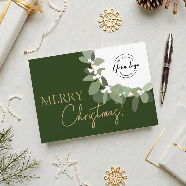 Tarjeta Festiva Elegant Green gold Merry Christmas Company Logo  (Modern, professional Green gold with Custom Logo Business Christmas corporate card.)