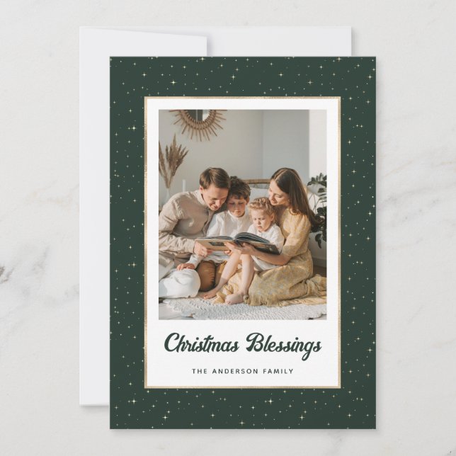 Tarjeta Festiva Elegant Green Gold Starry Photo (Anverso)