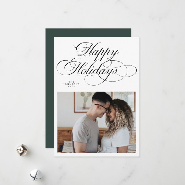 Tarjeta Festiva Elegant Green Happy Holidays Photo Christmas  (Anverso/Reverso In Situ)