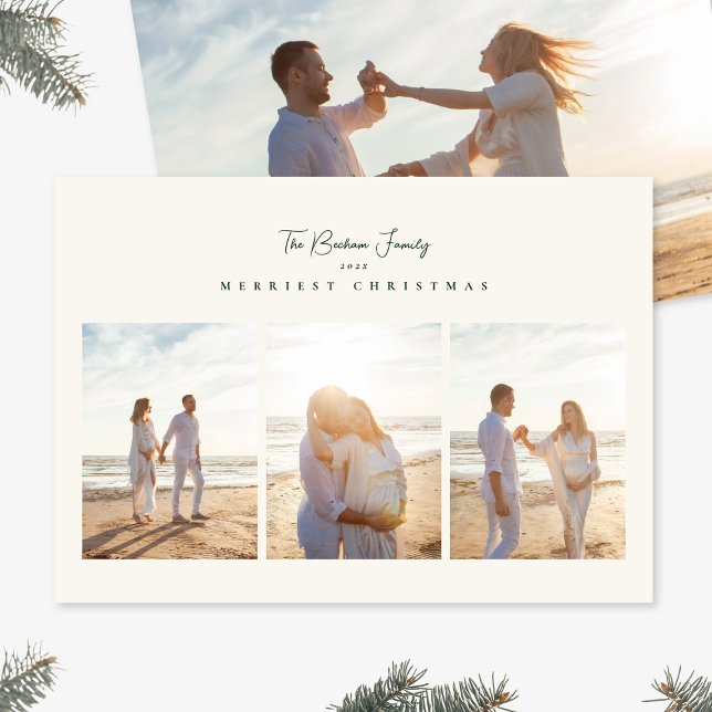 Tarjeta Festiva elegant green merriest christmas 3 photo collage (Subido por el creador)