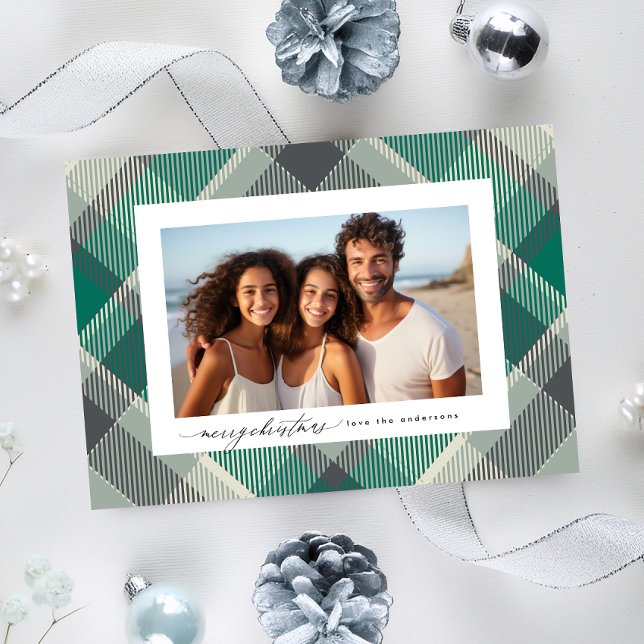 Tarjeta Festiva Elegant Green Merry Christmas Custom Plaid Photo (Subido por el creador)