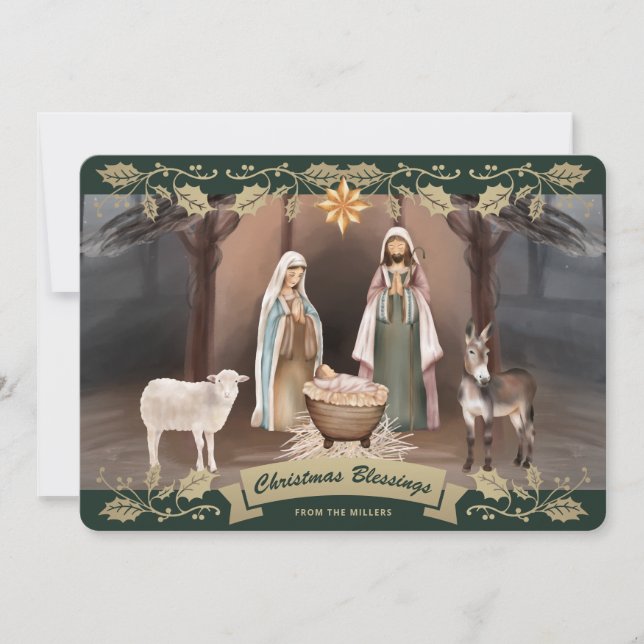 Tarjeta Festiva Elegant Green Nativity Scene Christian Christmas (Anverso)
