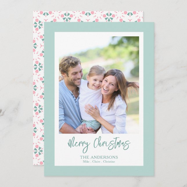 Tarjeta Festiva Elegant Green Photo Pattern Script Christmas (Anverso / Reverso)